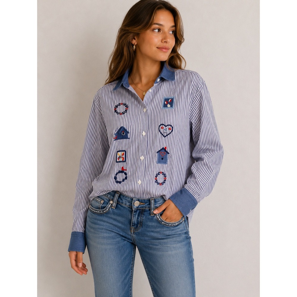 BonWorth Womens Striped Button Down Shirt Embroidered Birdhouse Denim Collar L
